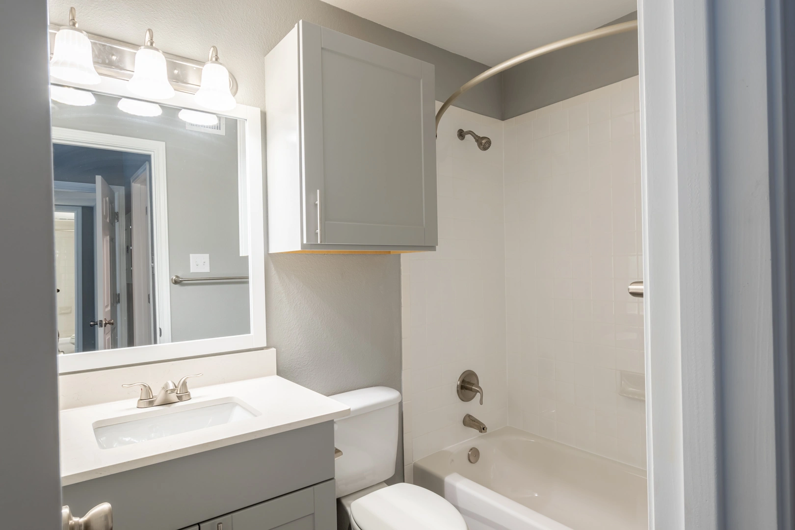 Modern bathroom with vanity at Crossings at Irving in Irving, Texas