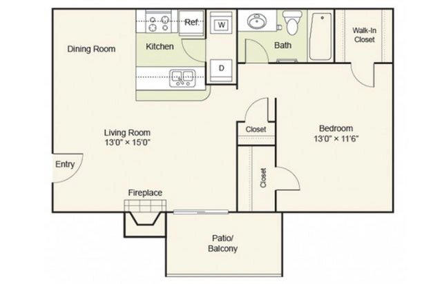 Verona one bedroom one bath apartment floor plan at Crossings at Irving