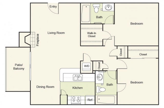 Pompeii two bedroom two bath apartment floor plan at Crossings at Irving